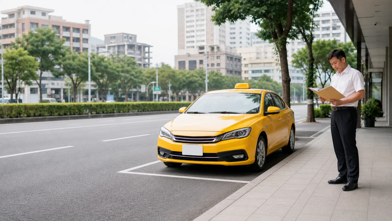 計程車駕駛在小黃旁確認申辦資料的情境